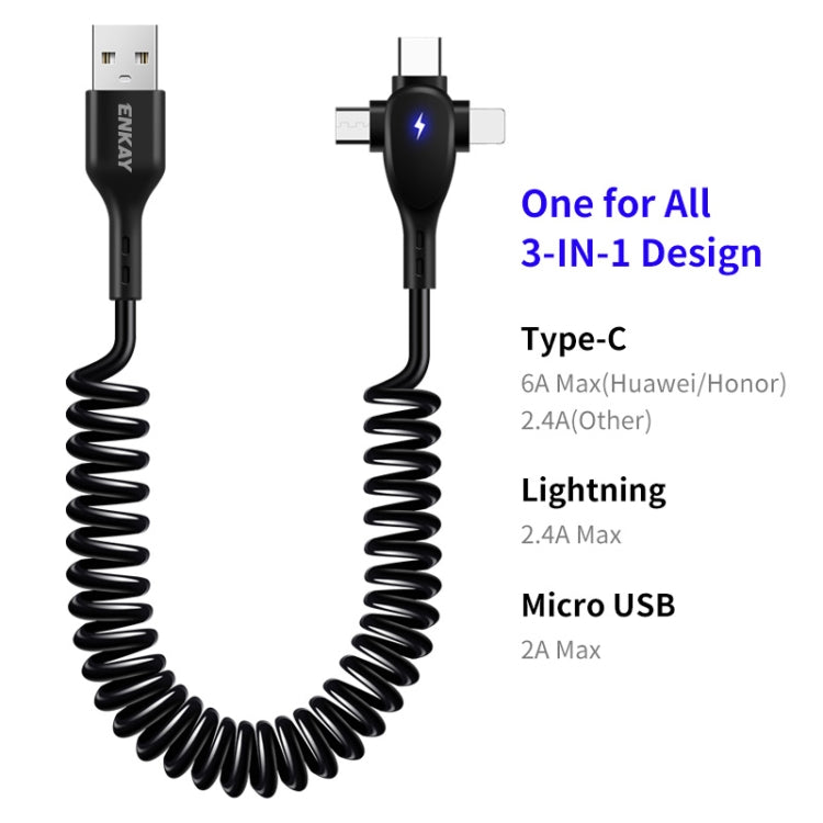 ENKAY Hat-Prince 3 in 1 6A USB to 8Pin+Type-C+Micro USB Supper Fast Charge Spring Cable, Length: ...