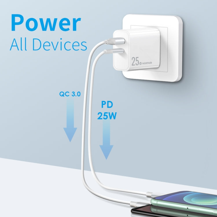 NORTHJO NOPD2502 PD 25W USB-C/Type-C + QC 3.0 USB Dual Ports Fast Charger, US Plug, EU Plug, UK P...