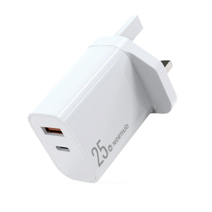 NORTHJO NOPD2502 PD 25W USB-C/Type-C + QC 3.0 USB Dual Ports Fast Charger, US Plug, EU Plug, UK P...