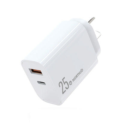 NORTHJO NOPD2502 PD 25W USB-C/Type-C + QC 3.0 USB Dual Ports Fast Charger, US Plug, EU Plug, UK P...