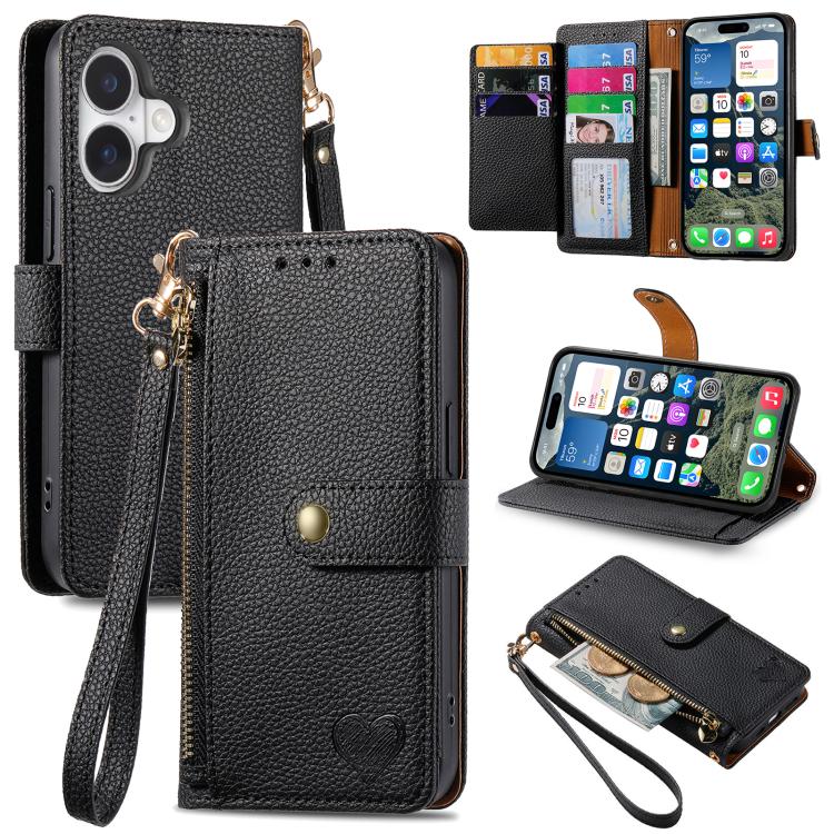 Love Zipper Lanyard Leather Phone Case