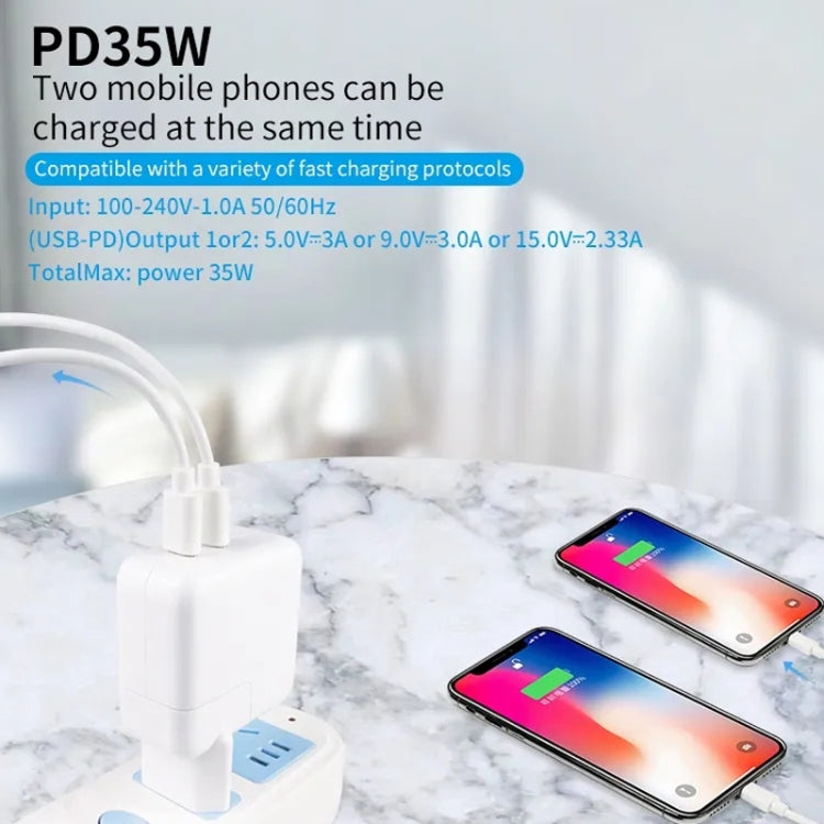 35W PD3.0 USB-C / Type-C Dual Port Charger with Type-C to 8 Pin Data Cable, US Plug��������������...