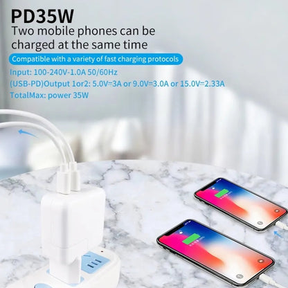 35W PD3.0 USB-C / Type-C Dual Port Charger with Type-C to 8 Pin Data Cable, US Plug��������������...