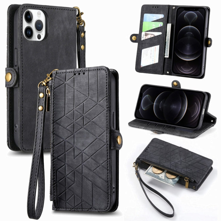 Geometric Zipper Wallet Side Buckle Leather Phone Case