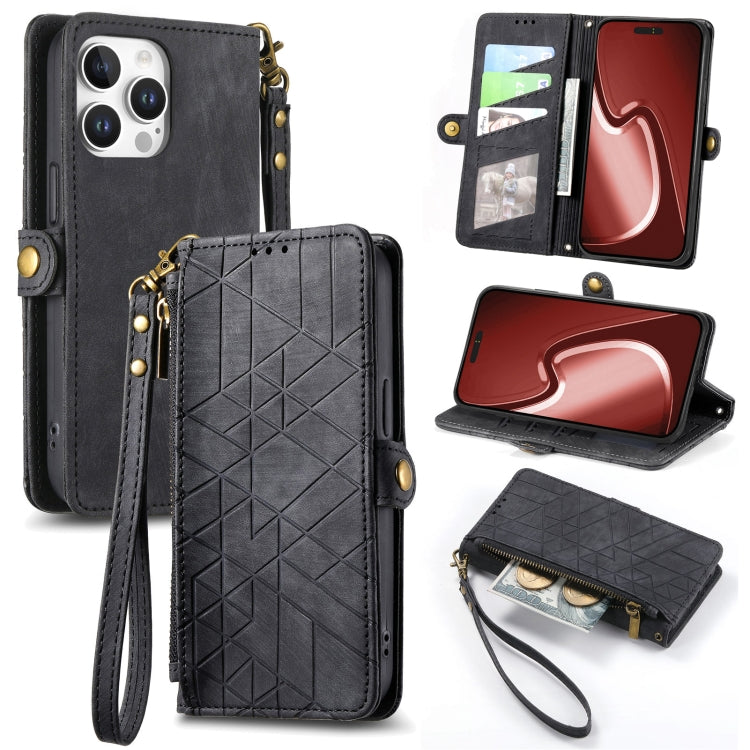 Geometric Zipper Wallet Side Buckle Leather Phone Case
