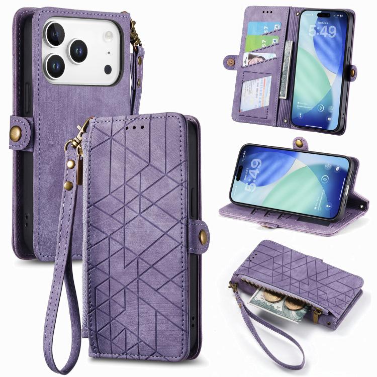 Geometric Zipper Wallet Side Buckle Leather Phone Case