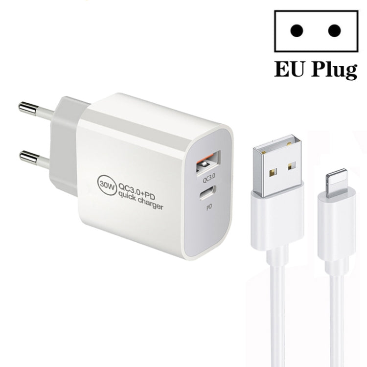 PD30W USB-C / Type-C + QC3.0 USB Dual Port Charger with 1m USB to 8 Pin Data Cable, EU Plug, US P...