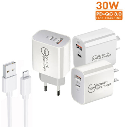 PD30W USB-C / Type-C + QC3.0 USB Dual Port Charger with 1m USB to 8 Pin Data Cable, EU Plug, US P...