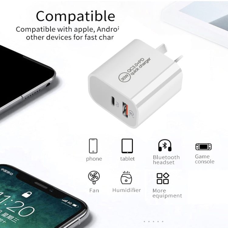 PD30W USB-C / Type-C + QC3.0 USB Dual Port Charger with 1m USB to 8 Pin Data Cable, EU Plug, US P...