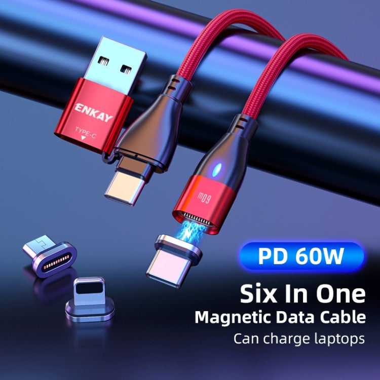 ENKAY 6-in-1 PD60W USB-A / Type-C to Type-C / 8 Pin / Micro USB Magnetic Fast Charging Cable, 1m, 2m