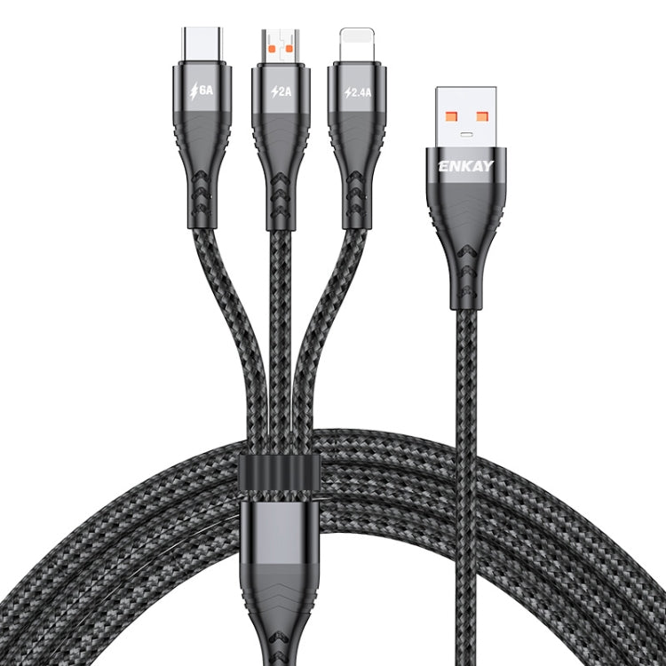ENKAY 3-in-1 6A USB to Type-C / 8 Pin / Micro USB Multifunction Fast Charging Cable, 1m, 2m