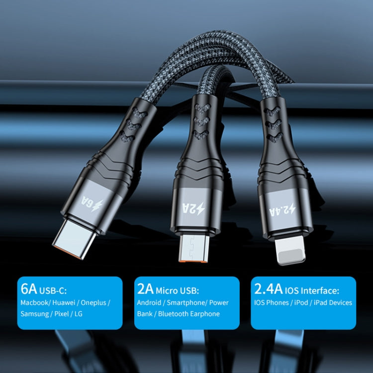 ENKAY 3-in-1 6A USB to Type-C / 8 Pin / Micro USB Multifunction Fast Charging Cable, 1m, 2m