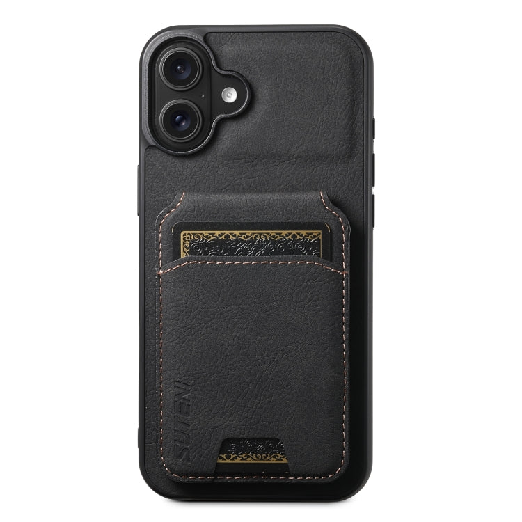 Suteni H02 Litchi Leather Card Wallet Stand Back Phone Case, For iPhone 16e, For iPhone 16 Pro Ma...