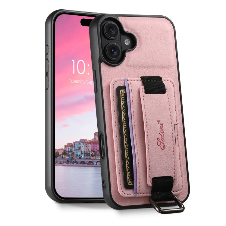 Suteni H13 Litchi Leather Wrist Strap Wallet Back Phone Case, For iPhone 16e, For iPhone 16 Pro M...
