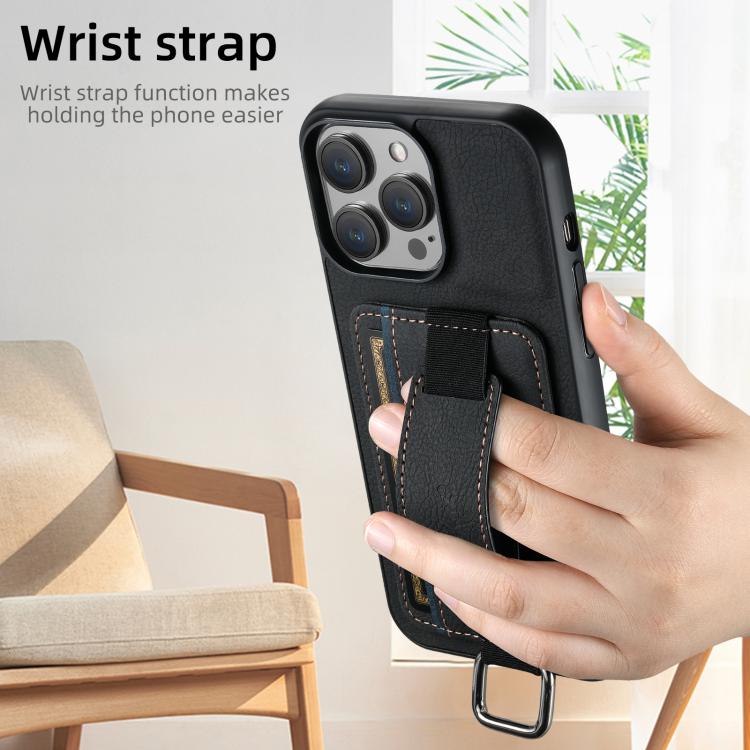 Suteni H13 Litchi Leather Wrist Strap Wallet Back Phone Case, For iPhone 16e, For iPhone 16 Pro M...