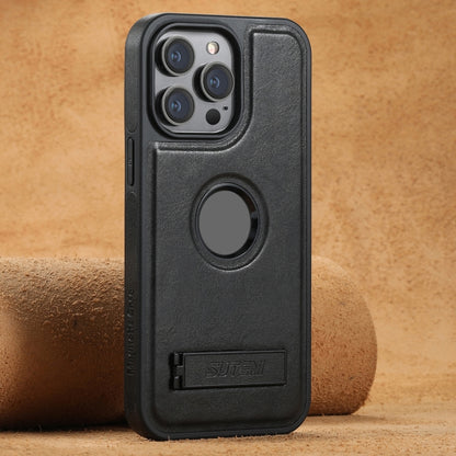 Suteni G2 Magsafe Oil Wax Leather Back Phone Case with Holder, For iPhone 16 Pro Max�������������...