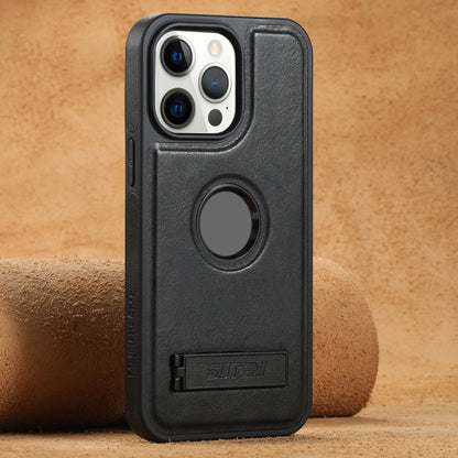 Suteni G2 Magsafe Oil Wax Leather Back Phone Case with Holder, For iPhone 16 Pro Max�������������...