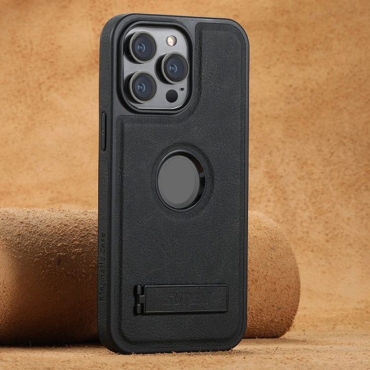 Suteni G2 Magsafe Litchi Texture Leather Back Phone Case with Holder