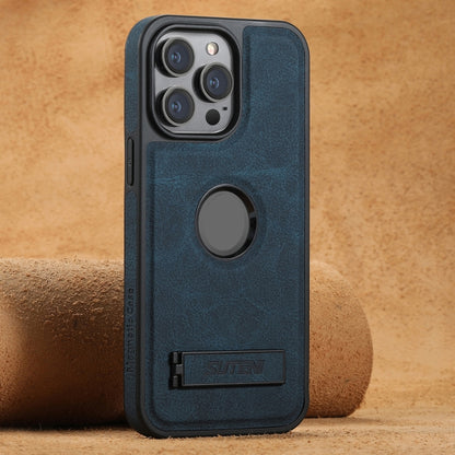 Suteni G2 Magsafe Litchi Texture Leather Back Phone Case with Holder, For iPhone 16 Pro Max������...