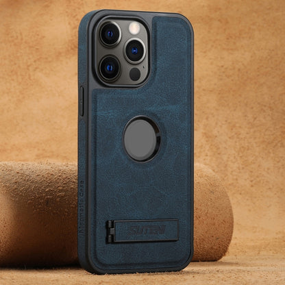 Suteni G2 Magsafe Litchi Texture Leather Back Phone Case with Holder, For iPhone 16 Pro Max������...