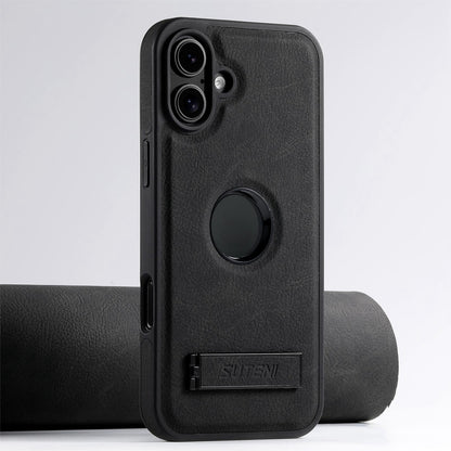 Suteni G2 Magsafe Litchi Texture Leather Back Phone Case with Holder, For iPhone 16 Pro Max������...