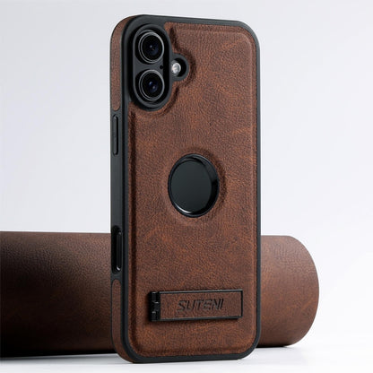 Suteni G2 Magsafe Litchi Texture Leather Back Phone Case with Holder, For iPhone 16 Pro Max������...