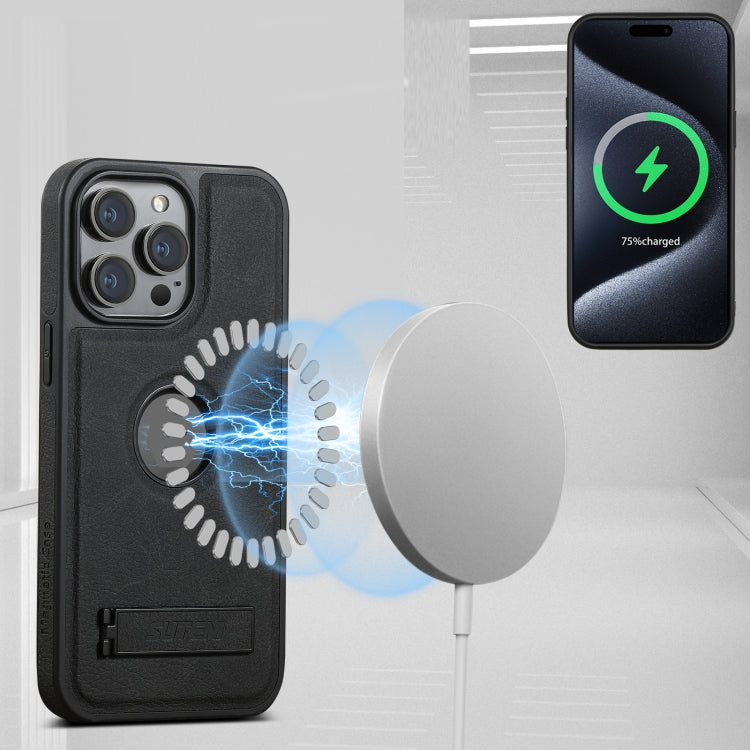Suteni G2 Magsafe Litchi Texture Leather Back Phone Case with Holder, For iPhone 16 Pro Max������...