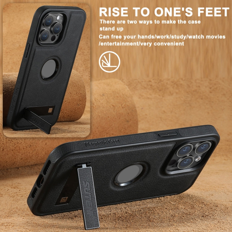 Suteni G2 Magsafe Litchi Texture Leather Back Phone Case with Holder, For iPhone 16 Pro Max������...