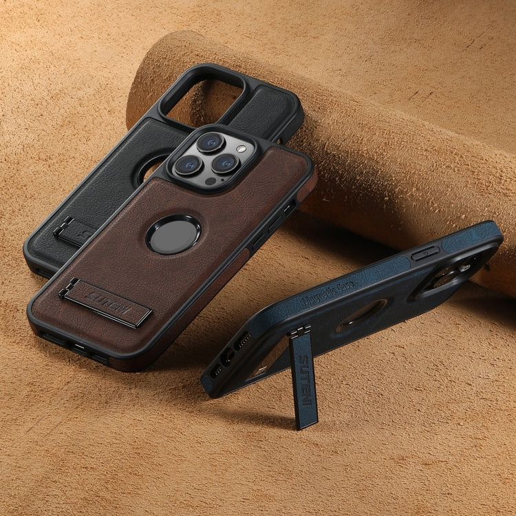 Suteni G2 Magsafe Litchi Texture Leather Back Phone Case with Holder, For iPhone 16 Pro Max������...
