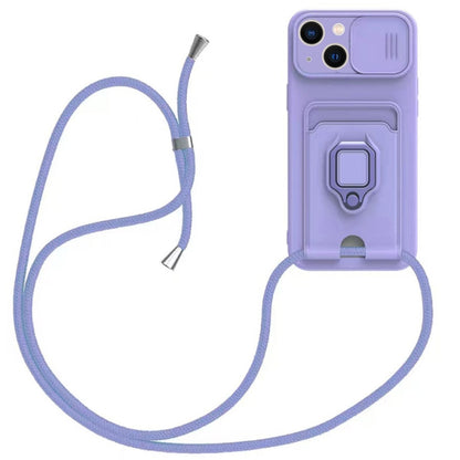 Sliding Camshield Magnetic Card Holder Silicone Phone Case with Lanyard, For iPhone 16e����������...