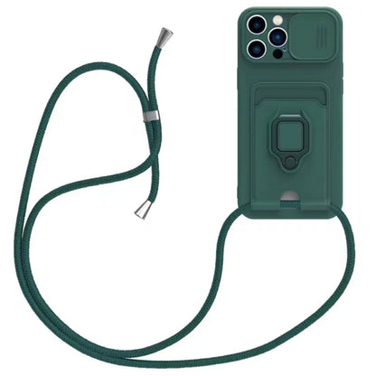 Sliding Camshield Magnetic Card Holder Silicone Phone Case with Lanyard, For iPhone 12�����������...