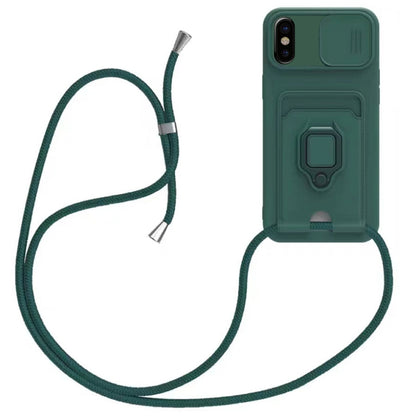 Sliding Camshield Magnetic Card Holder Silicone Phone Case with Lanyard, For iPhone 12�����������...