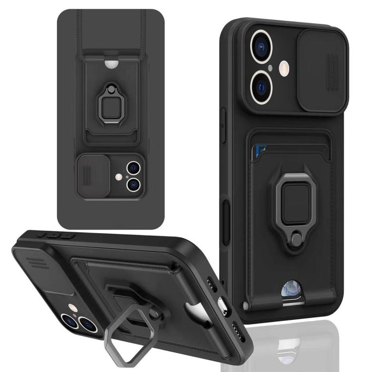 Sliding Camshield Magnetic Card Holder Silicone Phone Case, For iPhone 16e, For iPhone 16 Pro Max...