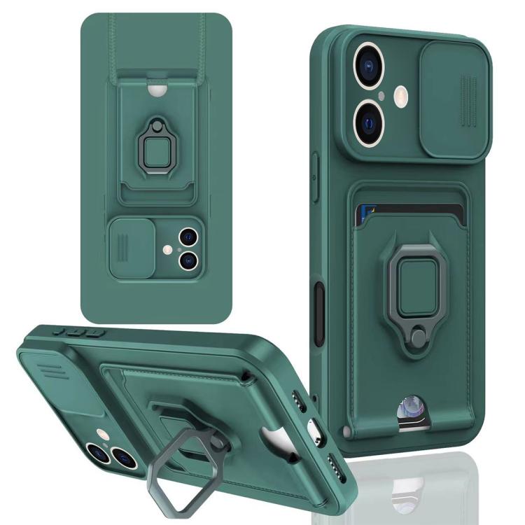 Sliding Camshield Magnetic Card Holder Silicone Phone Case, For iPhone 16e, For iPhone 16 Pro Max...