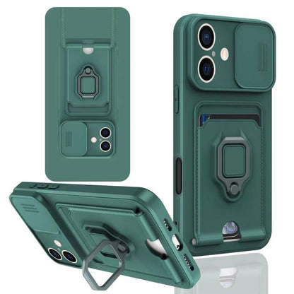 Sliding Camshield Magnetic Card Holder Silicone Phone Case, For iPhone 16e, For iPhone 16 Pro Max...