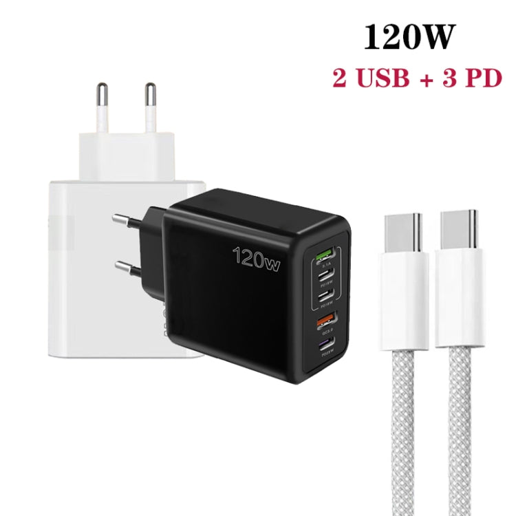 120W PD3.0 3 Type-C 2 USB Multi Port Quick Charger with Type-C to Type-C Cable, EU Plug����������...