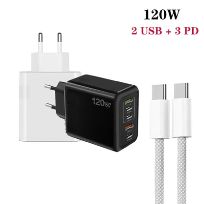 120W PD3.0 3 Type-C 2 USB Multi Port Quick Charger with Type-C to Type-C Cable, EU Plug����������...