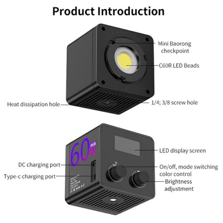 C60R 60W RGB Stage Lamp Professional Video Photography COB Fill Light, EU Plug, US Plug, UK Plug