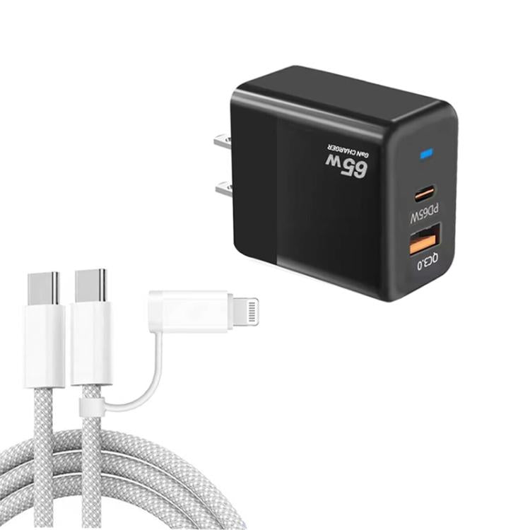 PD41 GaN PD 45W + USB Charger with USB-C to USB-C / 8 Pin Data Cable for iPhone, US Plug, US Plug
