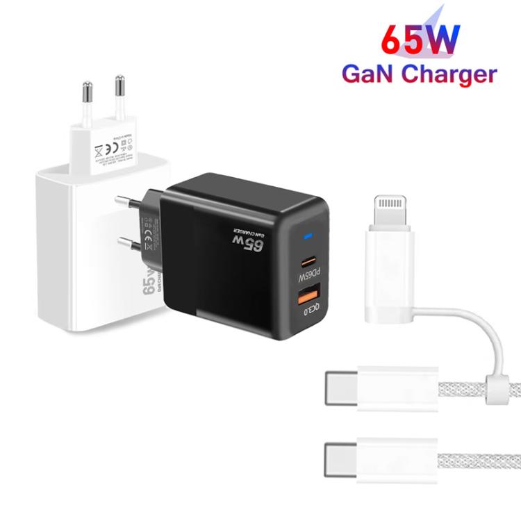 PD41 GaN PD 45W + USB Charger with USB-C to USB-C / 8 Pin Data Cable for iPhone, EU Plug, EU Plug
