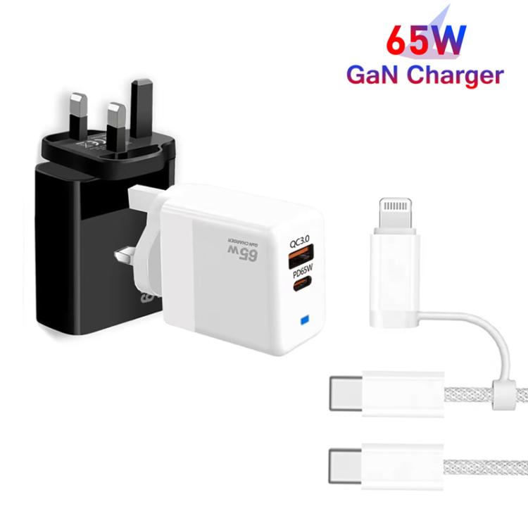 PD41 GaN PD 45W + USB Charger with USB-C to USB-C / 8 Pin Data Cable for iPhone, UK Plug, UK Plug