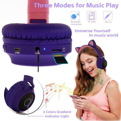 Cute Cat Ear Bluetooth 5.0 Headphones Foldable On-Ear Stereo Wireless Headset Headphone with Mic ...