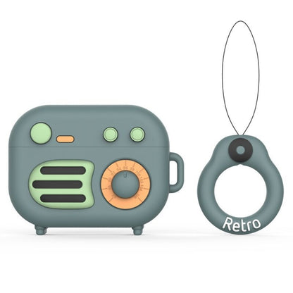 2 PCS Retro Radio Shape Protective Cover Silicone Case for AirPods Pro, Green, Blue Gray���������...