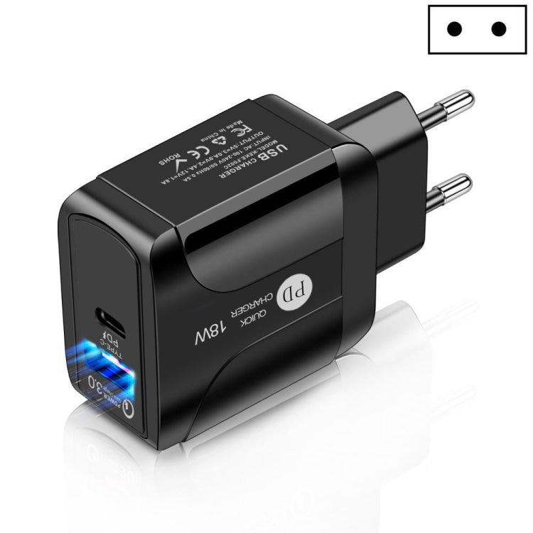 18W PD + QC 3.0 Fast Charge Travel Charger Power Adapter With LED Indication Function, EU Plug Bl...