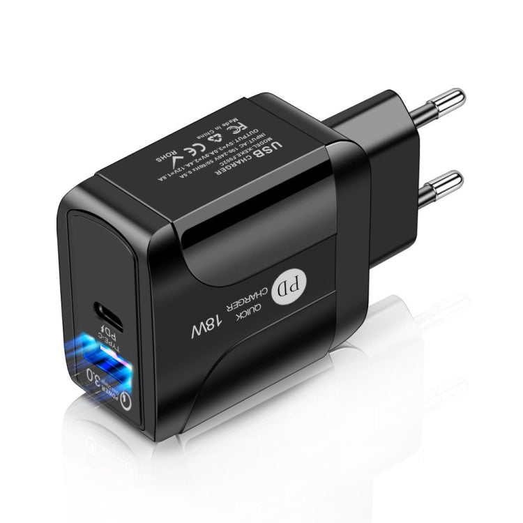 18W PD + QC 3.0 Fast Charge Travel Charger Power Adapter With LED Indication Function, EU Plug Bl...