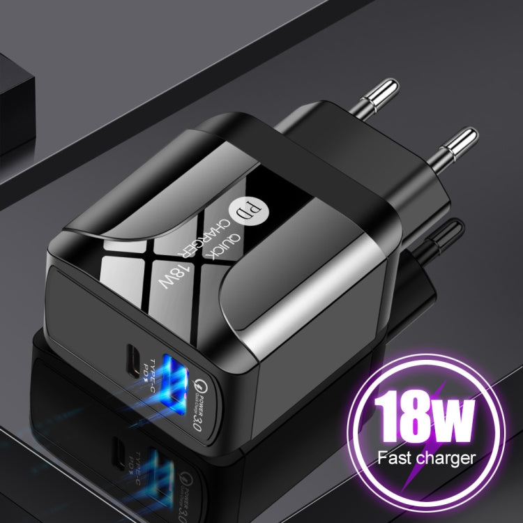 18W PD + QC 3.0 Fast Charge Travel Charger Power Adapter With LED Indication Function, EU Plug Bl...