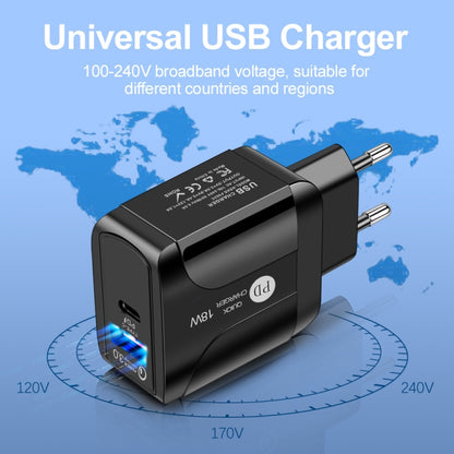 18W PD + QC 3.0 Fast Charge Travel Charger Power Adapter With LED Indication Function, EU Plug Bl...