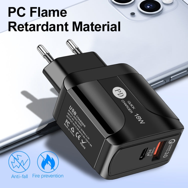 18W PD + QC 3.0 Fast Charge Travel Charger Power Adapter With LED Indication Function, EU Plug Bl...