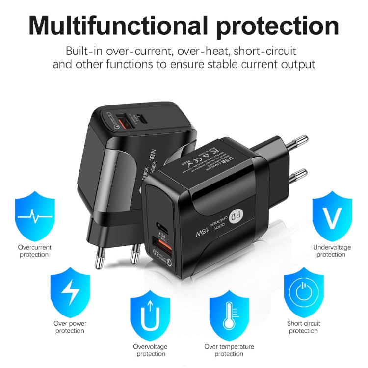 18W PD + QC 3.0 Fast Charge Travel Charger Power Adapter With LED Indication Function, EU Plug Bl...