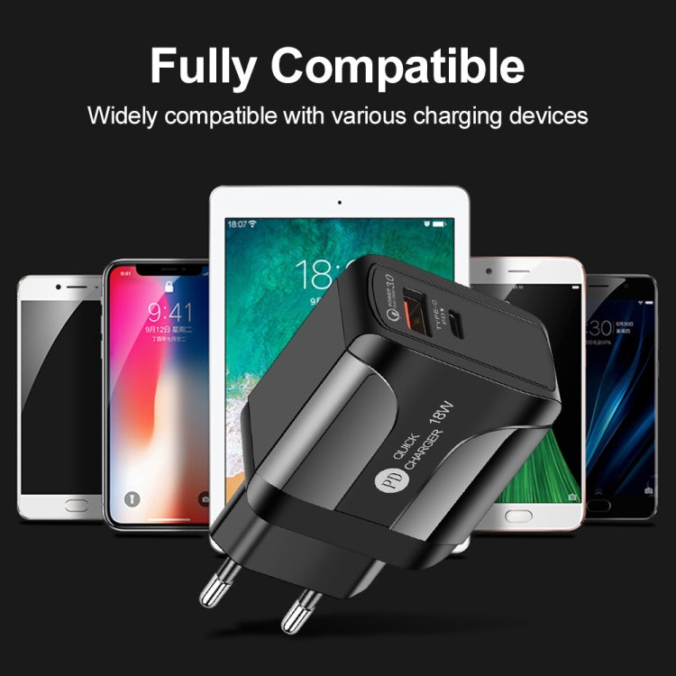 18W PD + QC 3.0 Fast Charge Travel Charger Power Adapter With LED Indication Function, EU Plug Bl...